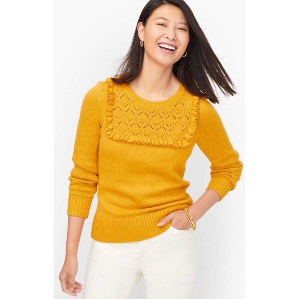 Talbots, Medium, Ruffel Crewneck Sweater,‎ Marigold, yellow, long sleeve